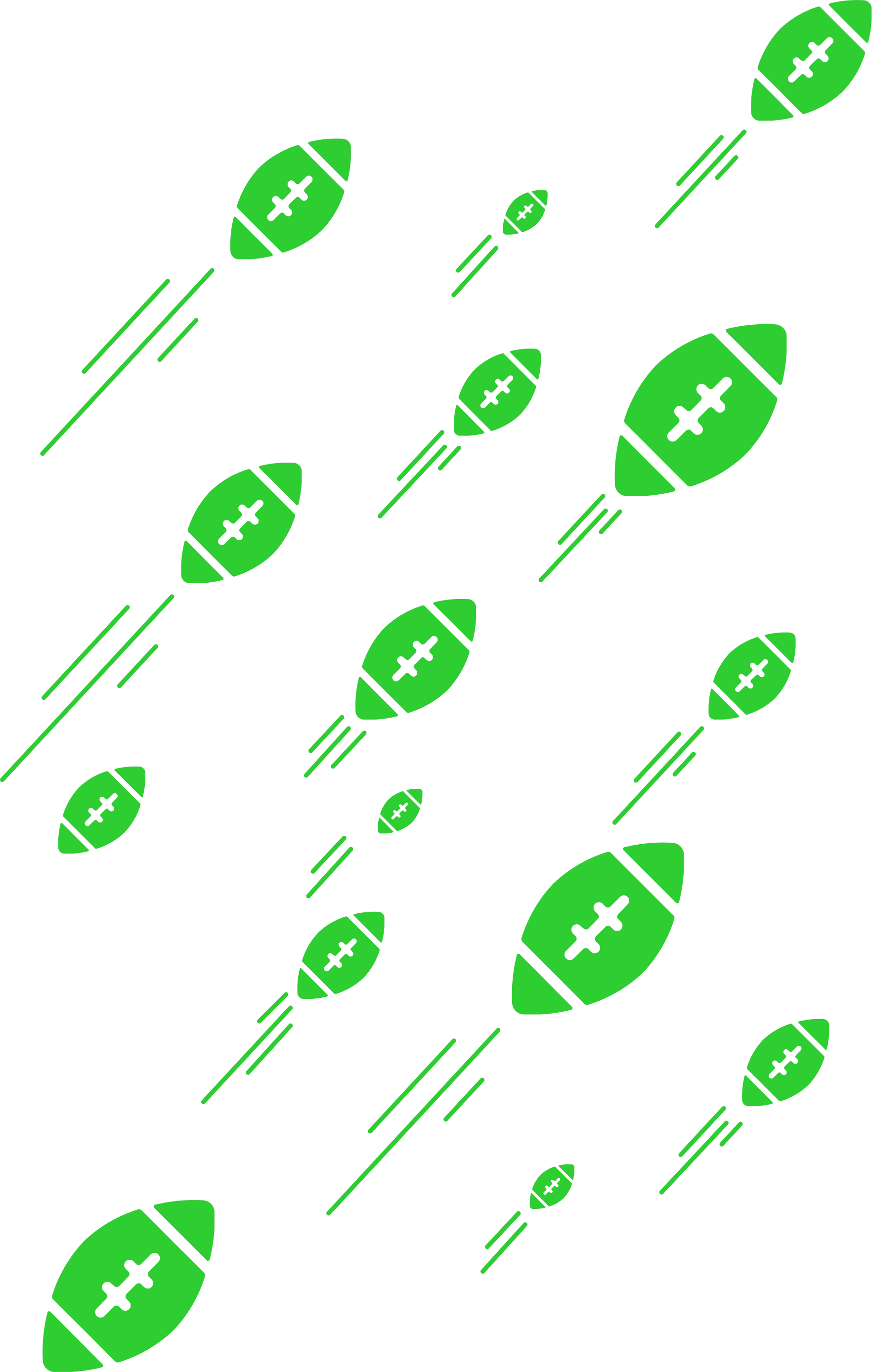 Illustration of several American footballs flying through the air