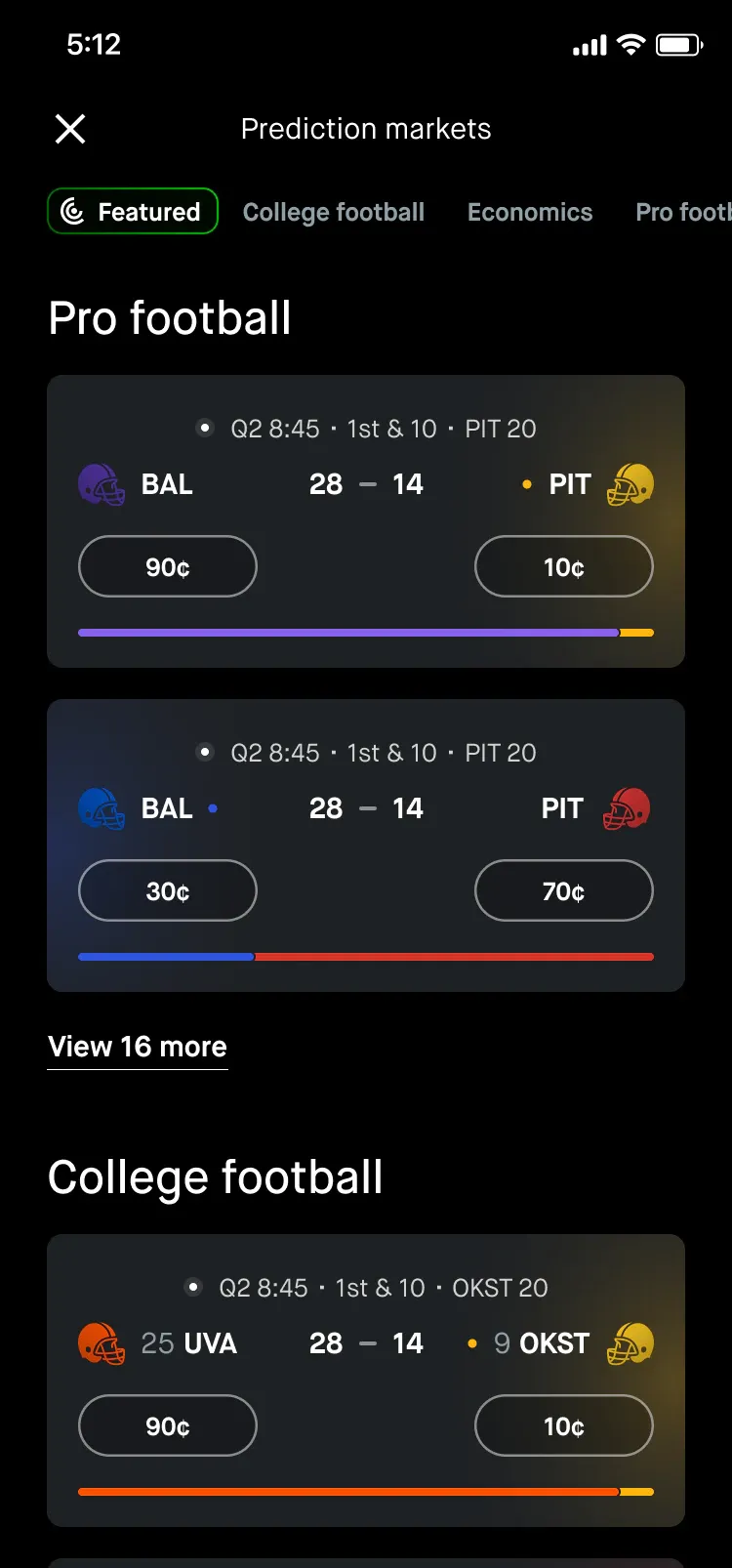 A Prediction markets screen of pro and college football games, each with a pair of contract prices.