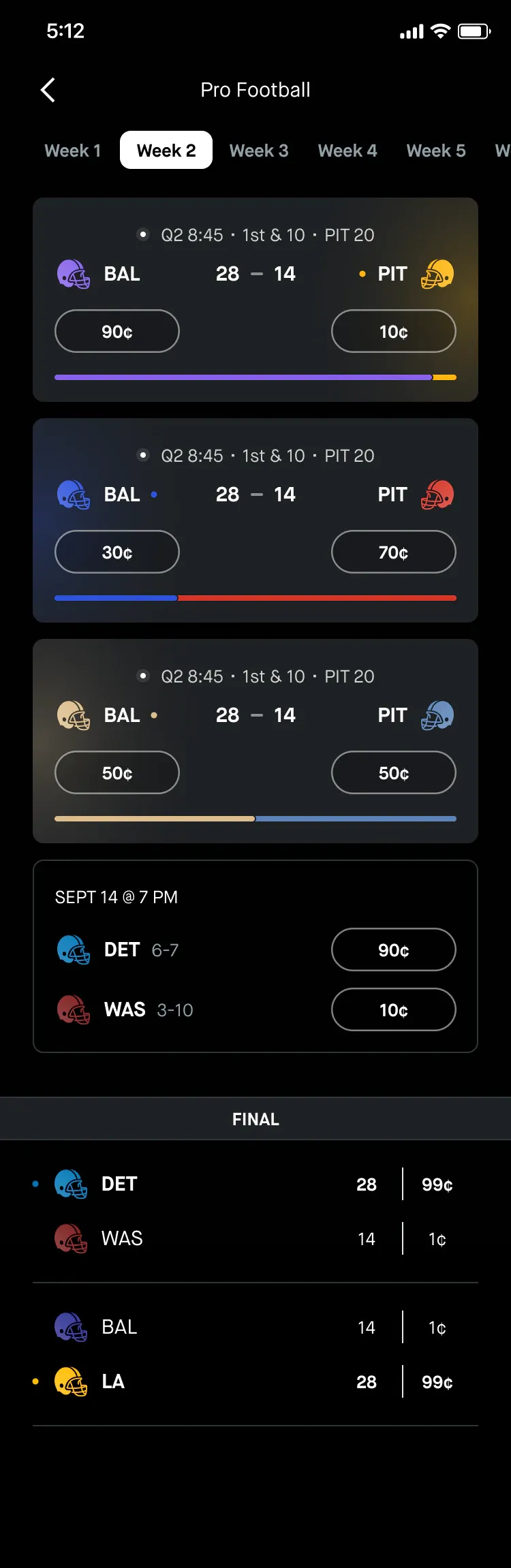 A Pro Football event contracts screen listing games with paired price buttons.