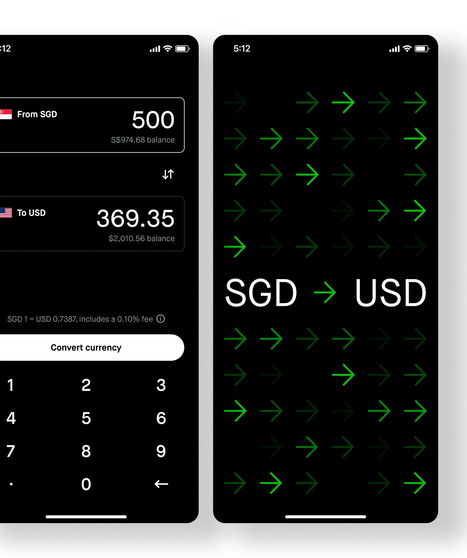 A currency conversion from Singapore dollars to US dollars, beside a field of green arrows.