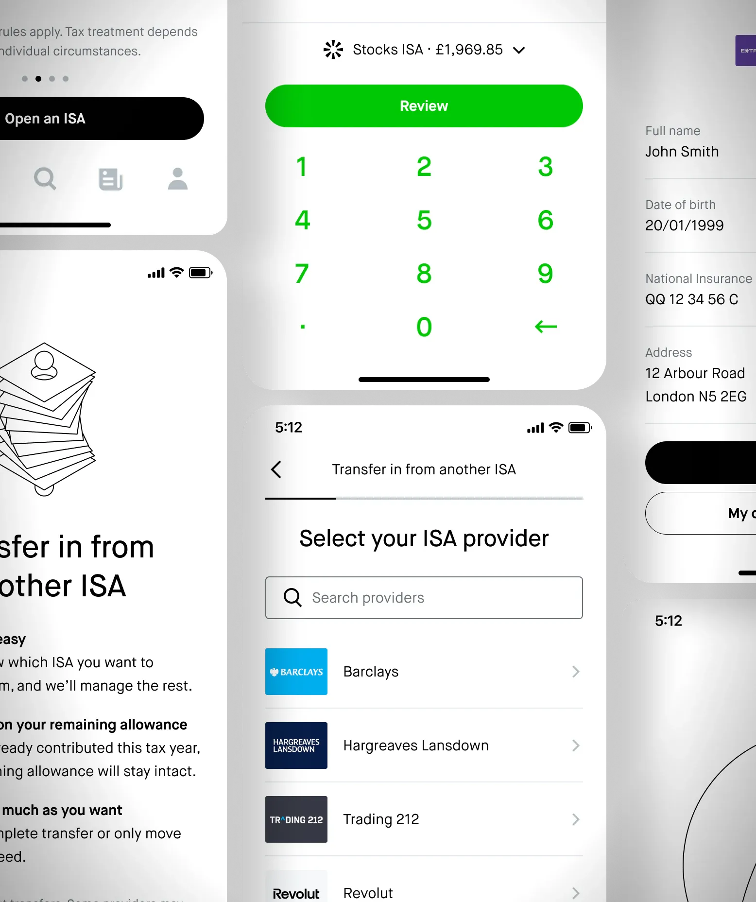 Overlapping UK ISA transfer screens, from provider search to verification.