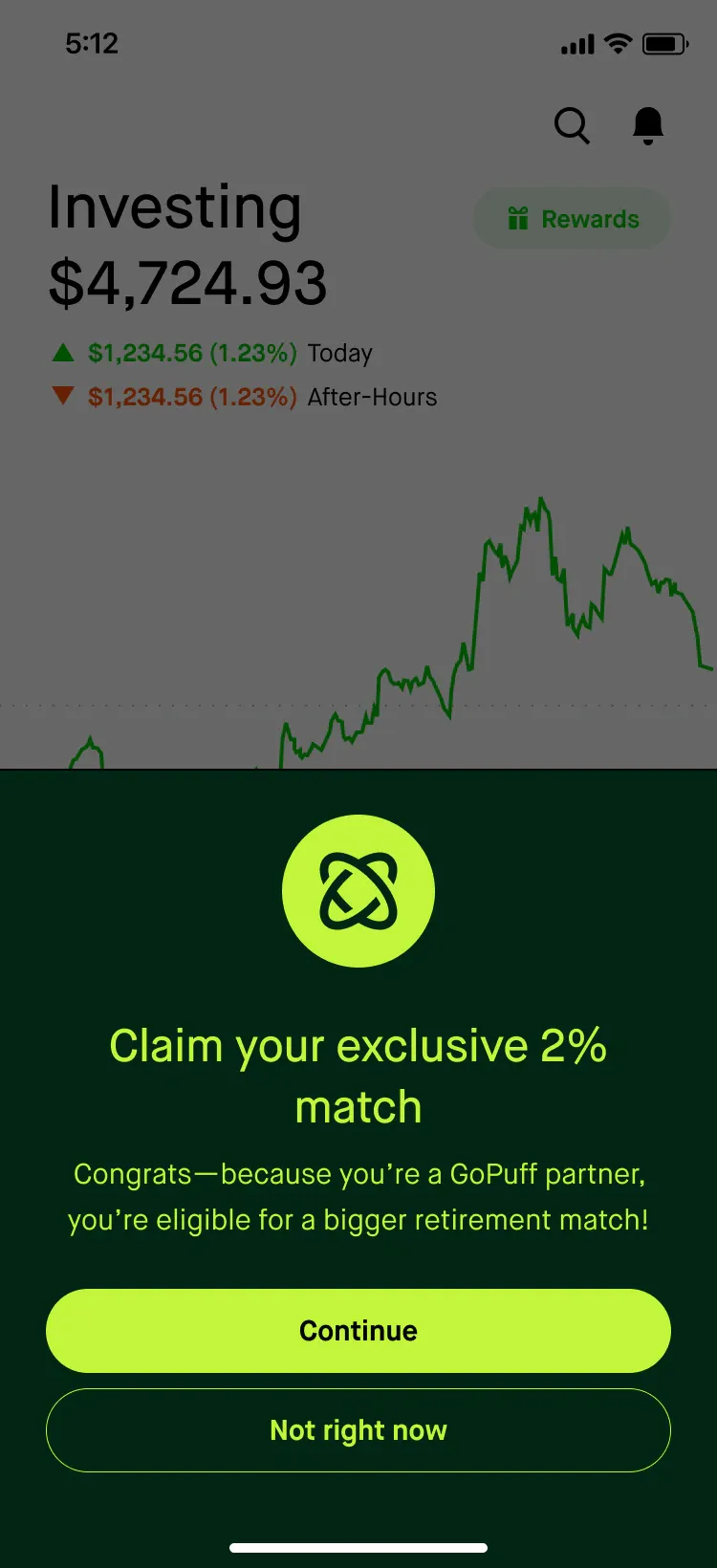 An Investing screen offering a GoPuff partner an exclusive 2% retirement match.