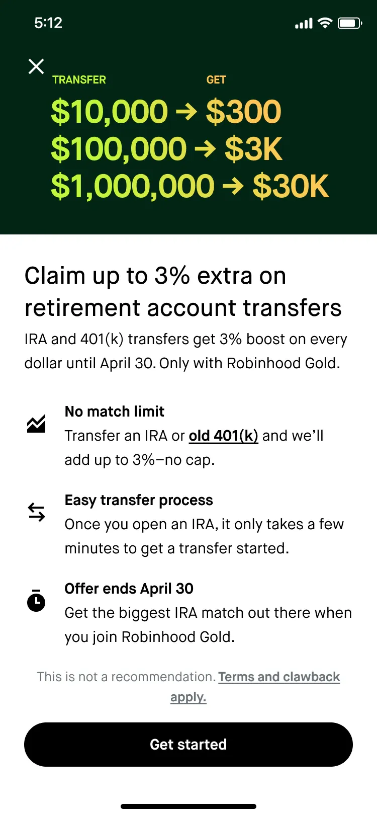 A Robinhood Gold offer of up to 3% extra on retirement account transfers.