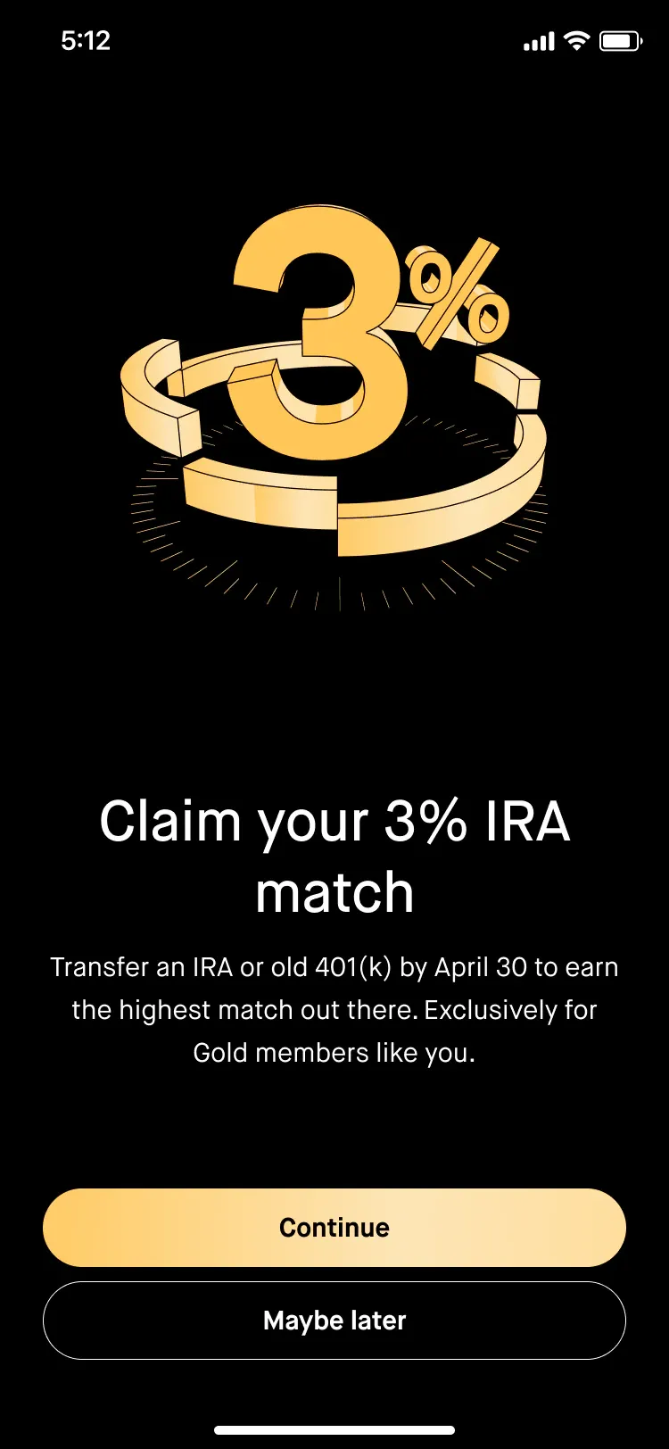 A gold 3% sculpture above a prompt to claim a 3% IRA match.