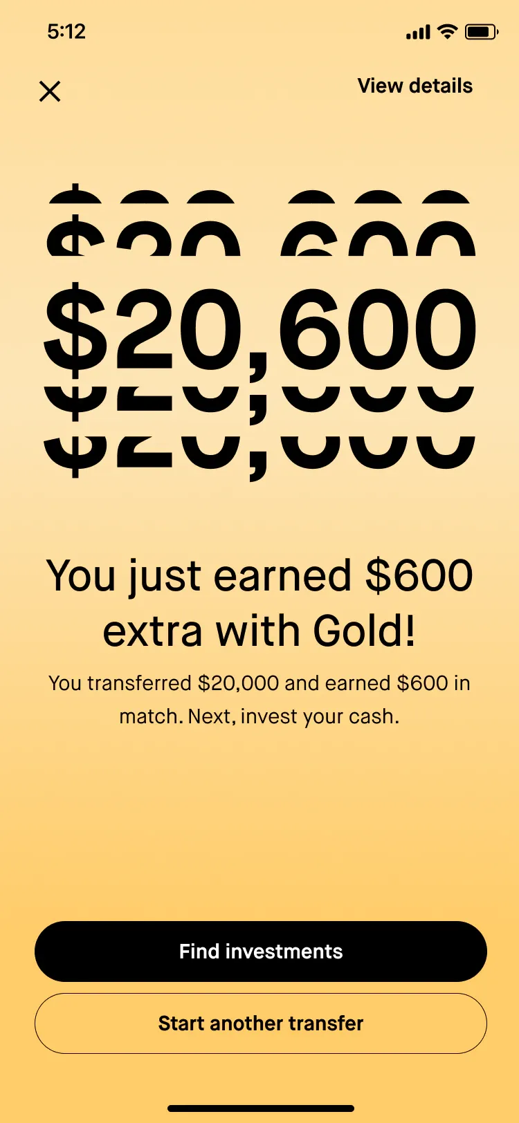 A confirmation that a $20,000 transfer earned $600 extra with Gold.