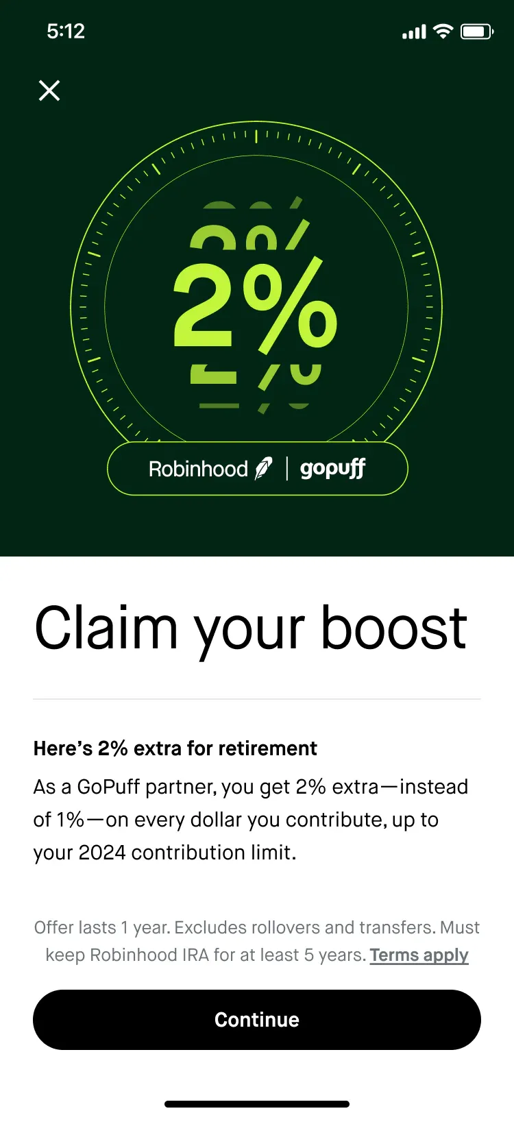 A retirement boost offer screen awarding an extra 2% match.