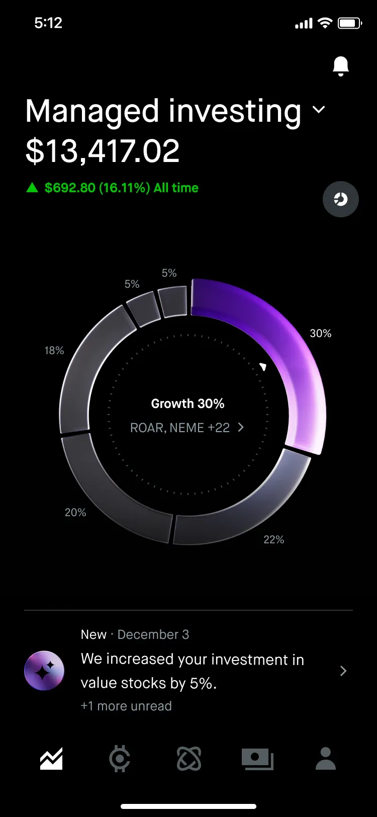 The Managed investing screen, with a segmented allocation dial.