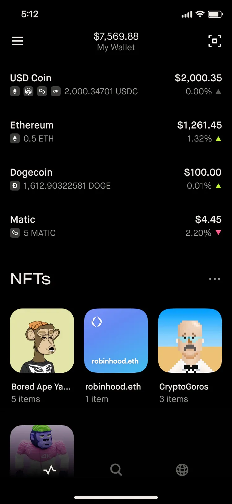 The My Wallet screen, listing coin balances above NFT collections.