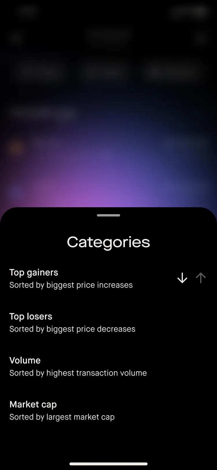 A Categories sheet sorting tokens by top gainers, top losers, volume and market cap.