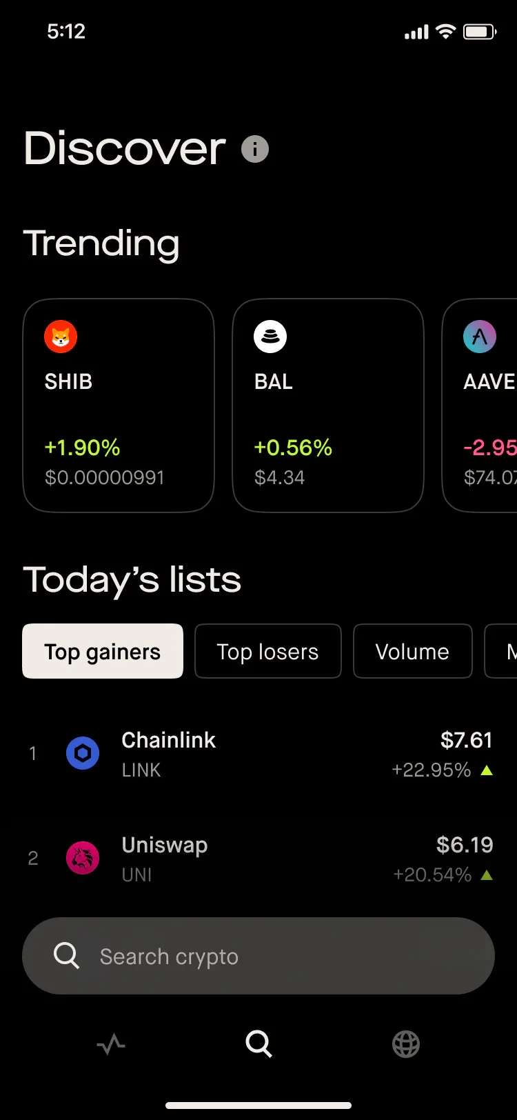 The Discover screen, with Trending tokens and Today’s lists of top gainers.
