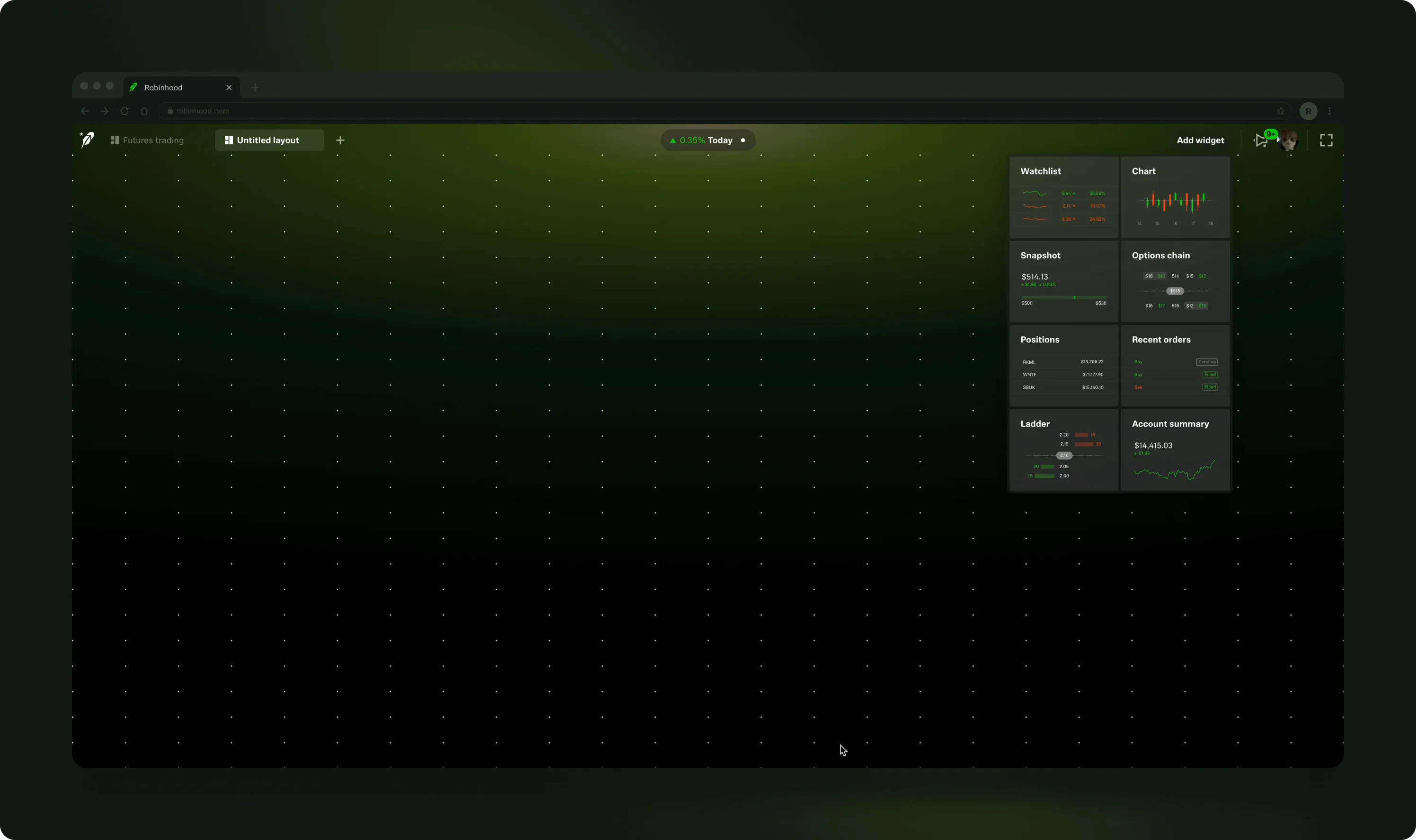 Robinhood Legend — a browser-based desktop trading platform with a customizable widget layout on a green gradient backdrop.