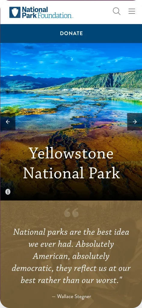 National Park Foundation website featuring Yellowstone National Park