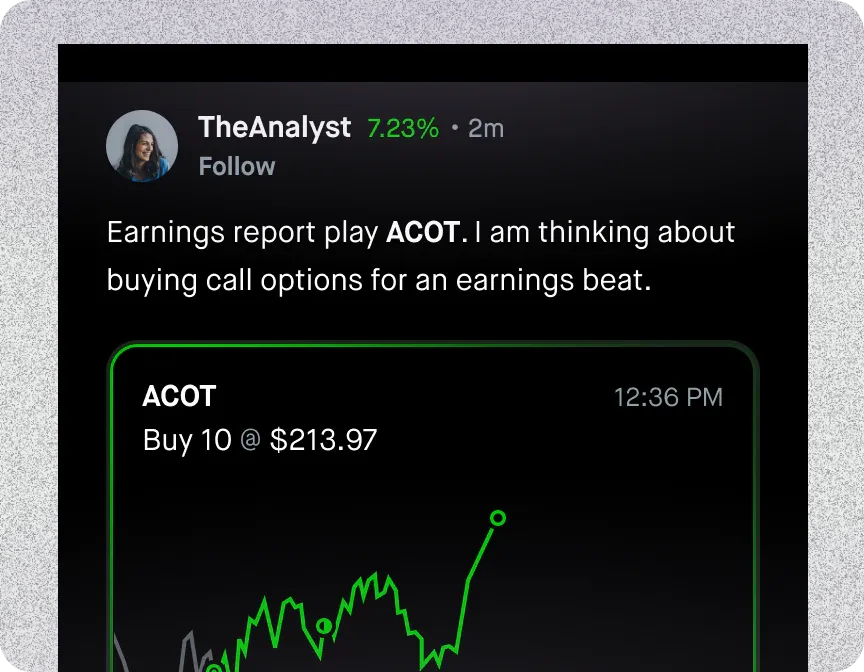 A social post from TheAnalyst about an ACOT earnings play, with the order ticket attached.