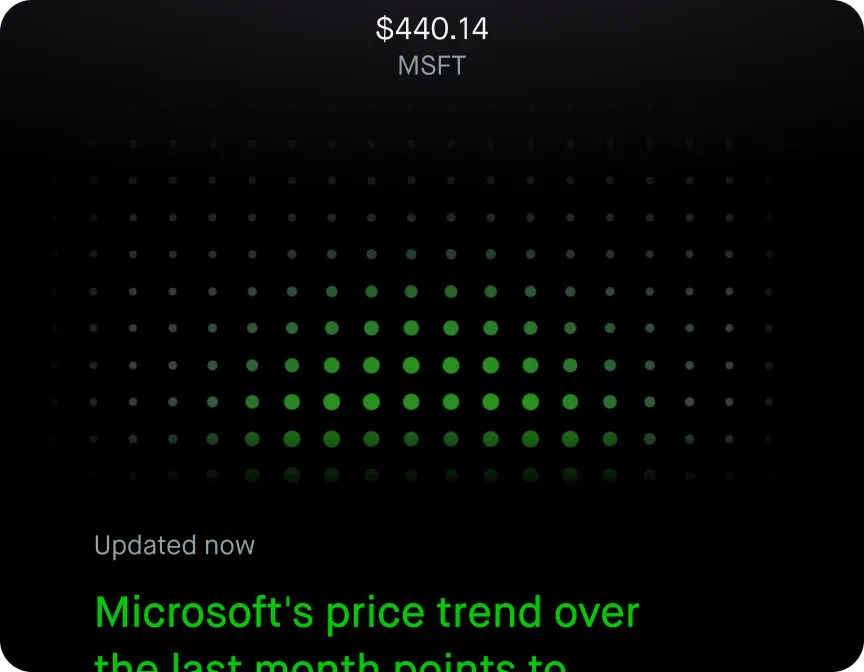 A Microsoft price trend card at $440.14 over a green dot-matrix chart.
