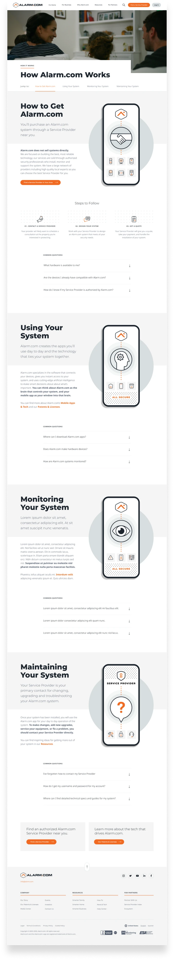 An image of the Alarm.com about page depicting how a to get and use Alarm.com's platform