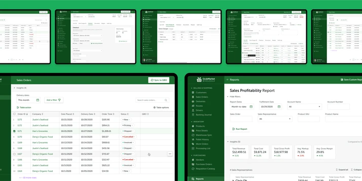 UI designs of GrubMarket's WholesaleWare B2B experience.