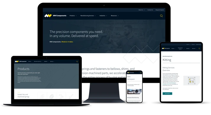 An image of the MW Industries website on various screen types - mobile, laptop, tablet, and large monitor.