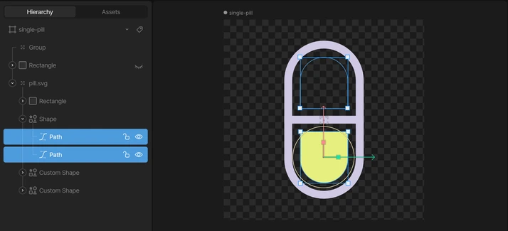 Screenshot of the Rive application, imported SVG file is fully editable
