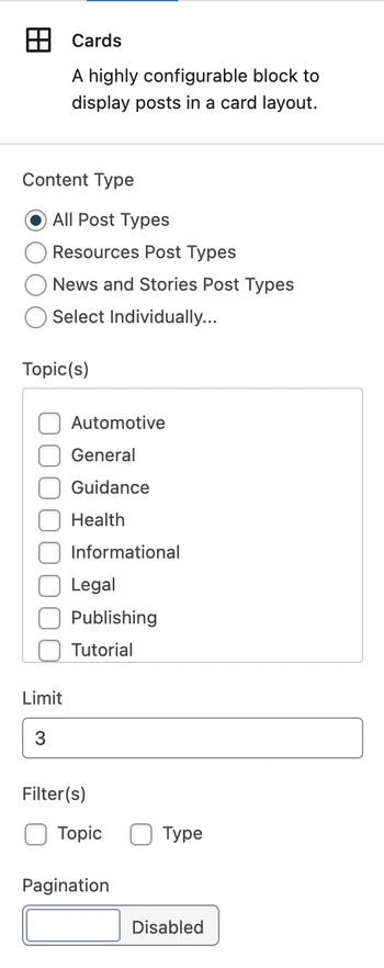 Screenshot of cards block fields example