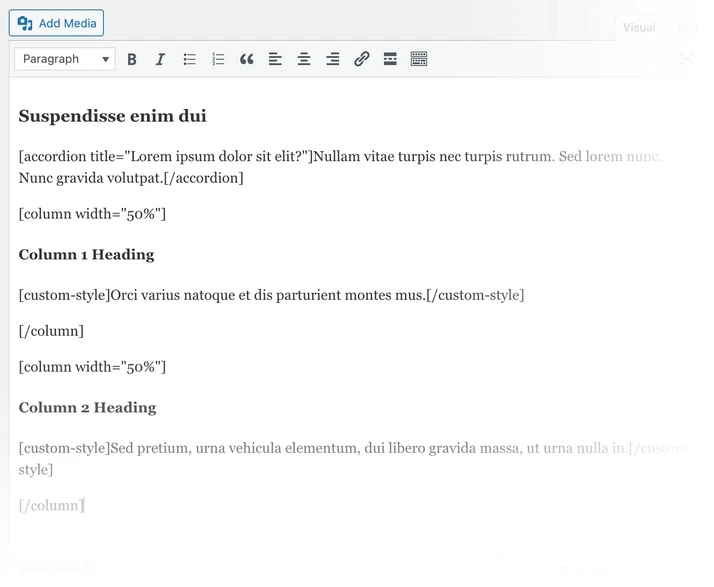 Screenshot of editor shortcodes