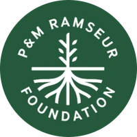 Green circle with white logo on dark green that reads P and M Ramseur Foundation. Also shows a plant with roots.