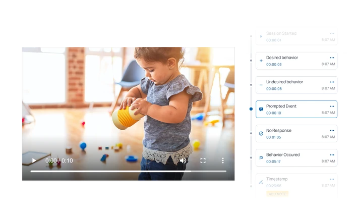 Video next to time-stamped behaviors to demonstrate the ability for therapists to toggle through key events in the session
