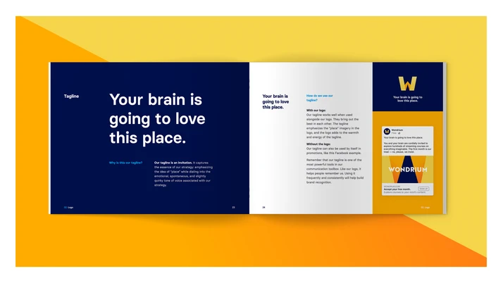 A spread from the Wondrium brand book showcasing the Wondrium Tagline "Your brain is going to love this place."