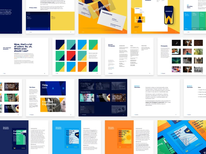 Multiple page spreads from the Wondrium Brand Book.
