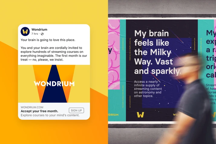A sample social post and a promotional poster for Wondrium.
