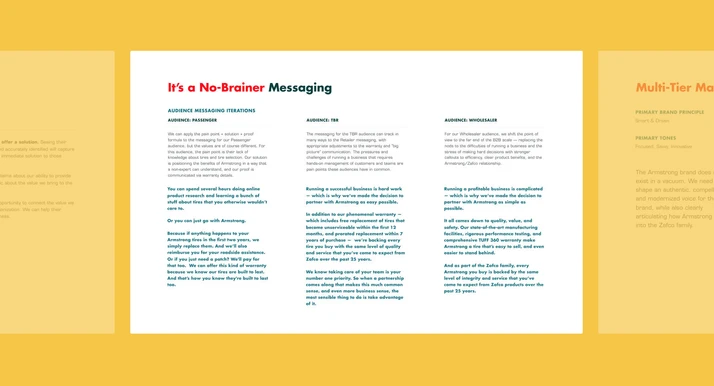 Sample page from Armstrong's brand strategy guide showing messaging for the concept, "It's a No Brainer"