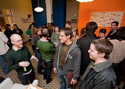 The Viget lobby full of people during the AIGA Studio Open House